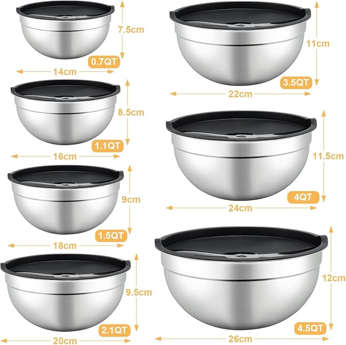 Hunnycook 7 Piece Mixing Bowls with Lids Set - Mixing Bowls Stainless Steel Bowls for Kitchen Baking, Size 0.7, 1.1, 1.5, 2.1, 3.5, 4, 4.5QT, Baking Bowl for Food Preparation, Mixing and Serving Foods