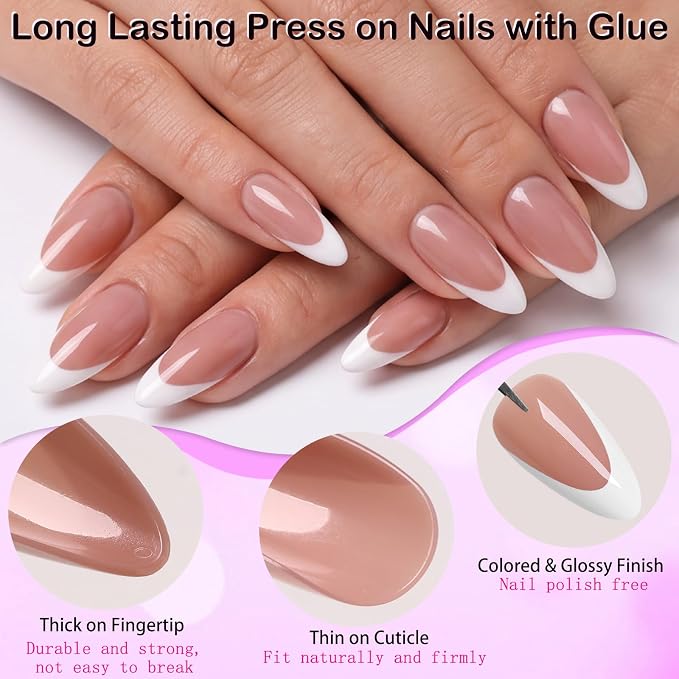 240pc White French Tip Press on Nails Medium Almond Acrylic Nail, Coffee Press ons Fake Nails with Glue & Tabs, 12 Sizes Glue on Nails Medium Press-on Nail Almond Stick on Nail for Women Girls
