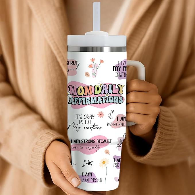 Gossby Mom Daily Affirmations Tumbler, 30oz Stainless Steel with Handle | Mom Birthday Gifts, Gifts for Mom Positive, Daily Affirmations Cup, Tumbler Insulated with Straw and Lid, Gift for Mama