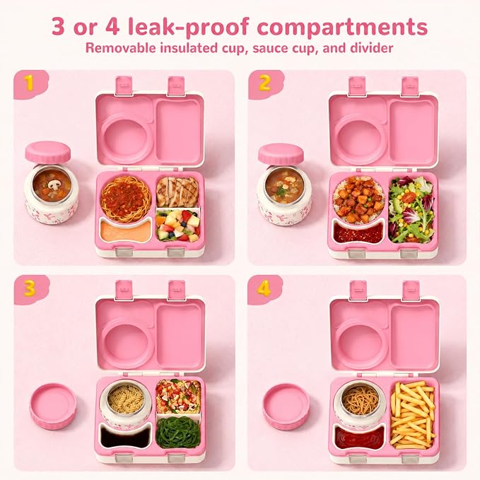Kids Insulated Lunch Box with 8OZ Thermo Food Jar | Leakproof Bento Box with Ice Pack Sauce Cup Utensils Removable Tray & Dividers for School Daycare Travel, Floral Bows