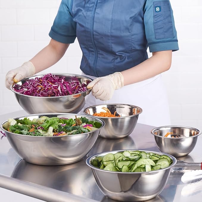 Stainless Steel Mixing Bowls Set of 5, 0.6 to 6 QT | Heavy Duty Nesting Metal Bowls, 0.6, 1.7, 2.9, 4.9, 6 QT, Flat Base, For Baking, Cooking, Salad Mixing & Bread Dough Kneading