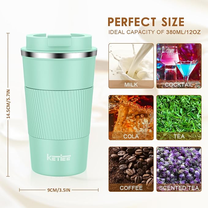KETIEE 12oz Coffee Mug: Vacuum Insulated Coffee Cup with Leakproof Lid, Travel Coffee Mug Stainless Steel Double Walled Reusable Coffee Cup for Hot and Cold Water Coffee