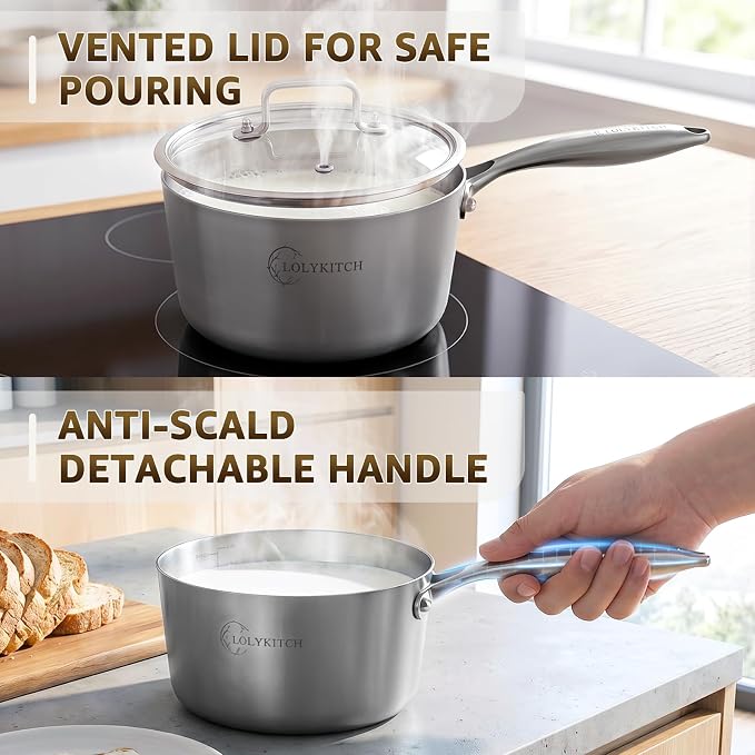 LOLYKITCH 1.5QT & 3QT Stainless Steel Saucepan Set with Glass Lids | Tri-Ply | Uncoated | Heavy Bottom | Cooking Pots | Metal Sauce Pans for Induction Cooktop | Ergonomic Handle
