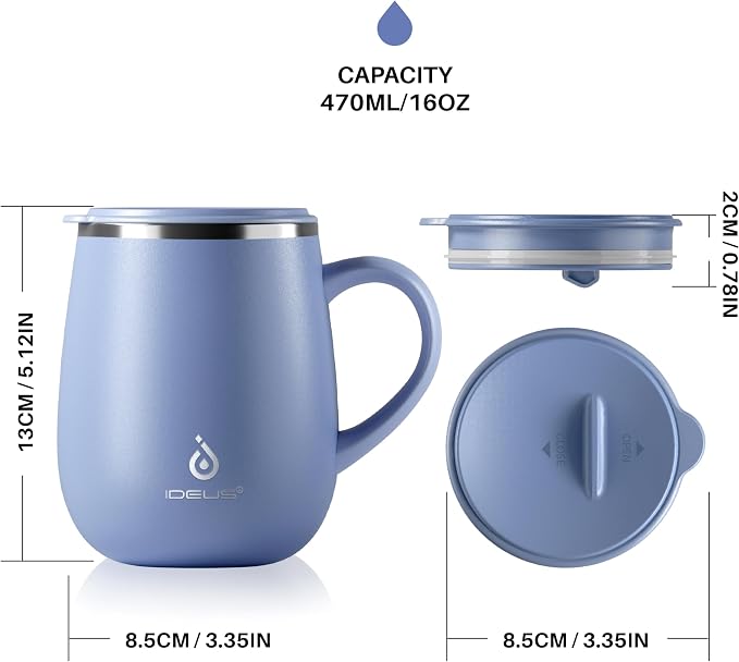 Ideus 16 oz Insulated Coffee Mug with Handle and Lid, Double Wall Stainless Steel Vacuum Thermal Coffee Mug, Travel Coffee Cup Thermal Cup for Home and Office, Ocean Blue 2.0