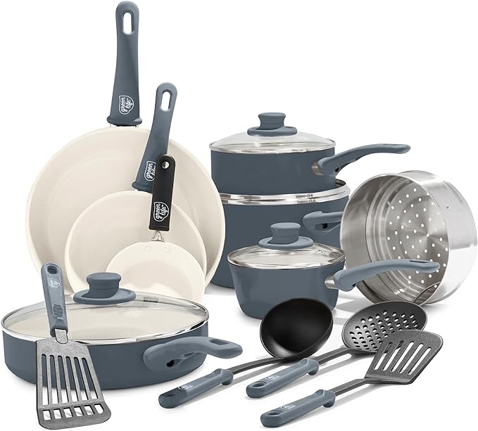 GreenLife 16 Piece Ceramic Nonstick Pots & Pans Cookware Set, Gray | PFAS-Free Nonstick Coating, Stockpot, Frying Pans, Saucepans, Sauté Pan, Stay-Cool Handles, Dishwasher & Oven Safe up to 350F