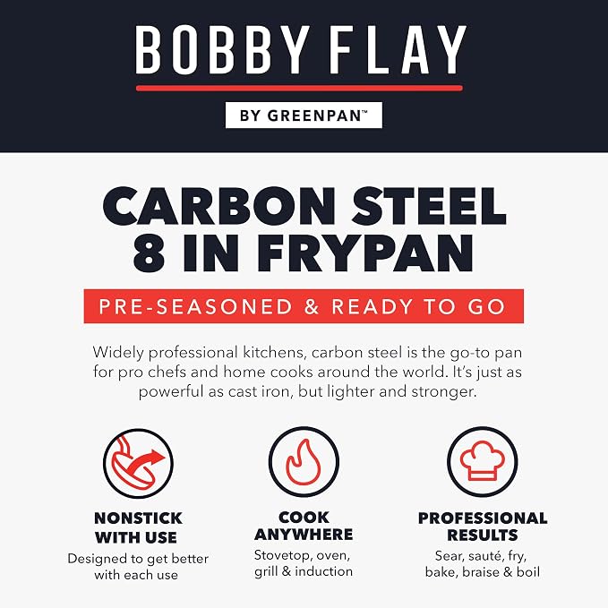 GreenPan x Bobby Flay 8" Pre-Seasoned Carbon Steel Frying Pan Skillet | Natural Nonstick with Use, Durable Cast Iron Alternative, Induction & All Stovetop Compatible, High Heat & Oven Safe to 660F