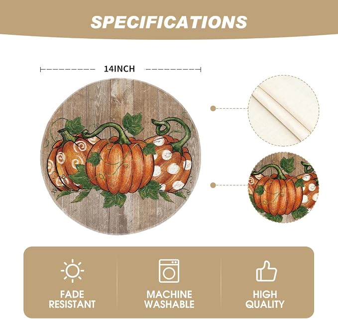 Artoid Mode Wood Pumpkins Round Fall Placemats Set of 4-14 Inch | Heat-Resistant, Washable Table Mats, Seasonal Autumn Kitchen Dining Decor
