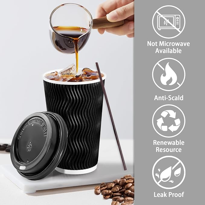 Lamosi 50 Pack 16 oz Disposable Coffee Cups with Lids and Straw, Black | Insulated Corrugated Ripple Wall Hot Cups with Lids for Hot Drink, Office, Coffee Bars, Meetings, and Short To-Go Use
