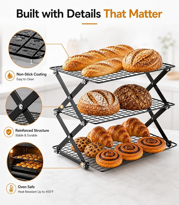 Cooling Racks For Cooking And Baking, 2/3/4-Tier Collapsible Cookie Cooling Rack With Adjustable 3 Setting Design Stackable Roasting Cooking Drying Wire Cooling Rack For Cookies Bread Baking