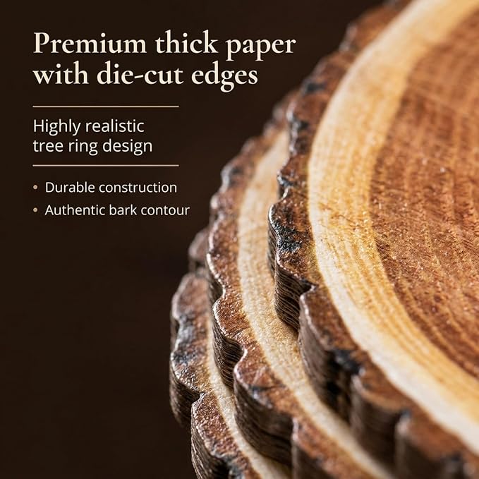 Wood Slice Placemats 50 Pack Rustic Round Disposable Paper Place Mats 13.5" | Farmhouse Woodland Table Décor for Camping BBQ Wedding Parties