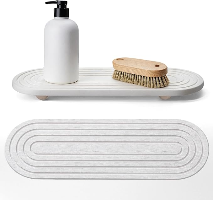 Instant Dry Sink Caddy Organizer, Fast Drying Sink Caddy, Water Absorbing Stone Sponge Holder for Kitchen and Bathroom Countertop with Natural Loofah and Wooden Feet