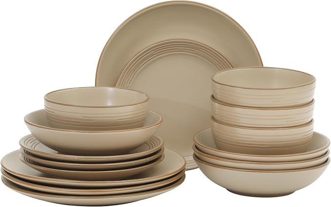 Gibson Home Chiswick House 16-Piece Stoneware Dinnerware Set, Round Plates and Bowls Set for 4, Beige with Wax Relief Embossed Rim Detail, Dishwasher Safe – Dinner Plate, Salad Plate & Cereal Bowl