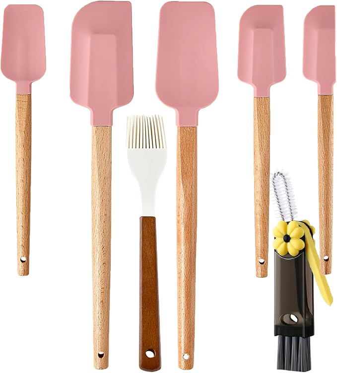 7 Piece Silicone Spatula Set, Food Grade Rubber Spatula Set with Wooden Handle, Heat Resistant Up to 600°F, Silicone Utensils Set for Baking, Cooking & Mixing, Jar, Non-Stick Kitchen Utensils(Pink)