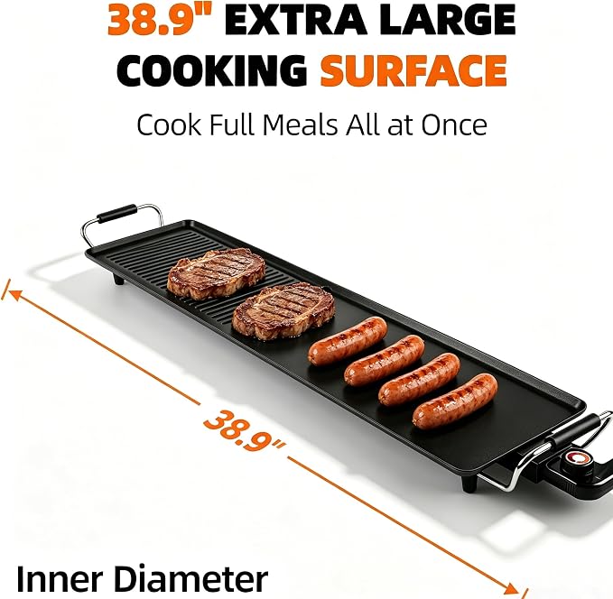 39.5-Inch Electric Griddle & Teppanyaki Grill, 1400W Large Non-Stick Surface, Intelligent Temperature Control, Easy to Clean. Indoor/Outdoor Use for Pancakes, BBQ, Camping & Gatherings