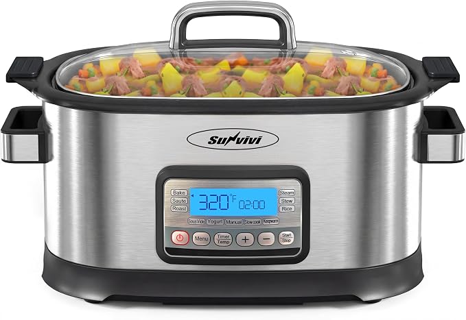 Sunvivi 12-in-1 Programmable Slow Cooker 6.5QT with Timer & Keep Warm | Multicooker with Timer & Temp Control, Dishwasher Safe Lid & Removable Nonstick Crock and Rack, Stainless Steel