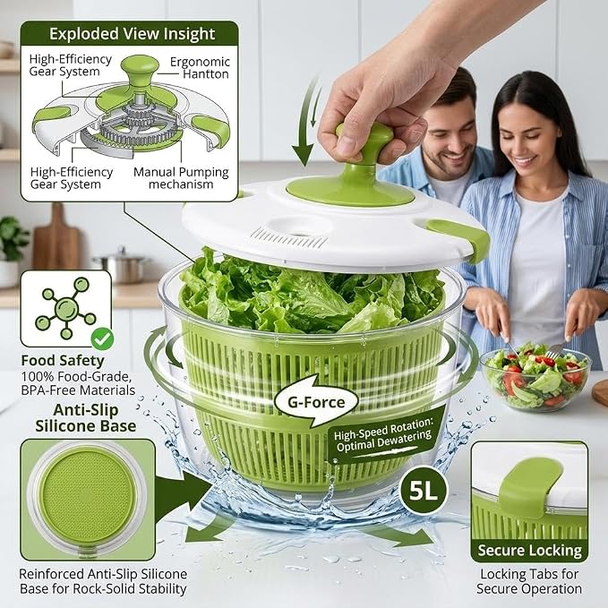 Salad Spinner-Lettuce Spinner, 5QT | Best Fruit Washer, Spinner Bowl, Easy-Spin Handle