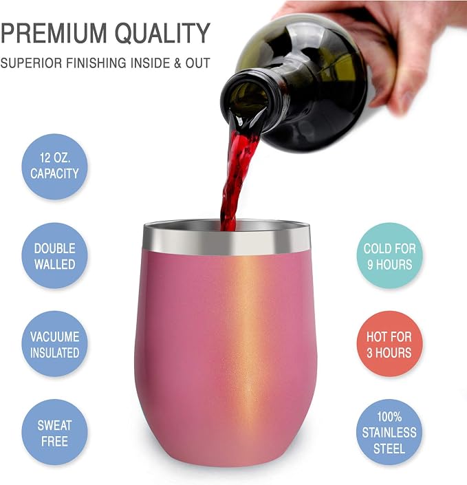 CHILLOUT LIFE 12 oz Stainless Steel Tumbler with Lid & Gift Box - Wine Tumbler Double Wall Vacuum Insulated Travel Tumbler Cup for Coffee, Wine, Cocktails, Ice Cream - PINK SPARKLE