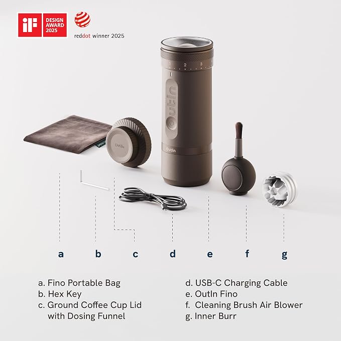 OutIn Fino Portable Electric Coffee Grinder with 28 Precise Grind Settings | Adjustable Coffee Bean Grinder, One-Touch Burr Grinding, Fast-Charge Battery, Auto-Stop & Clog Protection, Sandstone White
