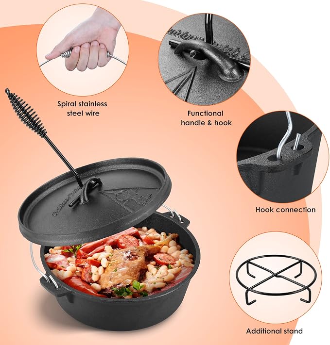 LIFERUN 6.2 Quart Cast Iron Dutch Oven Pot with Lid | Dutch Oven with Stand & Spiral-shaped Handle, Cast Iron Pot without Feet for Outdoor & Indoor