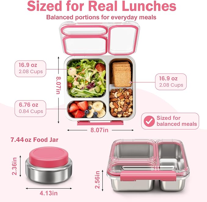 Pawtong Stainless Steel Bento Box Kids Adult with 7oz Insulated Food Jar, Transparent Lid Metal Lunch Box With Soup Thermal Jar, Lunch Box Container with Removable Divider & Sauce Cup School (Pink)