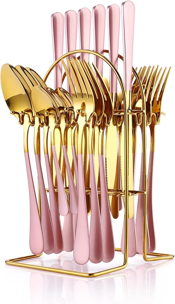 24 Pieces Flatware Set, Caliamary Stainless Steel Flatware Set with Silverware Holder Spoons Forks Knives,Utensils Set Service for 6,Gold Mirror Polished and Matte Pink Painted (Pink)…