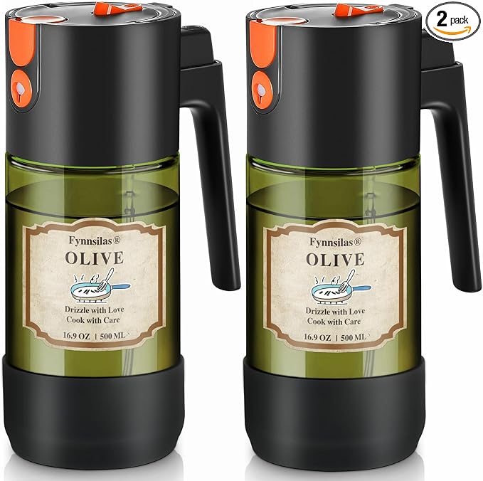 2-IN-1 Oil Sprayer for Cooking with 8 Stickers Light-Blocking Dark Glass Olive Oil Dispenser Bottle for Kitchen 500ml/16.9oz Oil Mister for Air Fryer, BBQ,Salad Even Spray with Portion Control-2PC