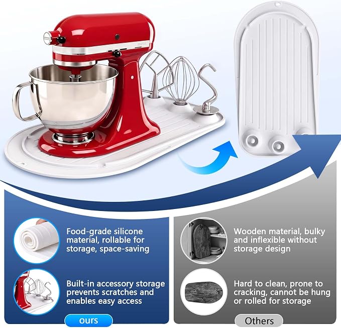 Upgraded Mixer Slider Mat for KitchenAid 4.5-5 Qt Tilt-Head Stand Mixer | Silicone Countertop Mover with 3 Attachment Storage Slots, Non-Slip Mixer Pad Organizer for Dough Hook Whisk Flat Beater