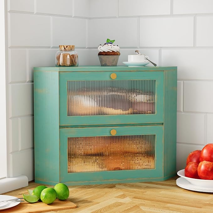 Trironsun Corner Bamboo Bread Box for Kitchen Counter Double Layer Bread Storage Container Large Capacity Bread Storage Bin with Wavy Arcylic Transparent Door (Antique Blue)