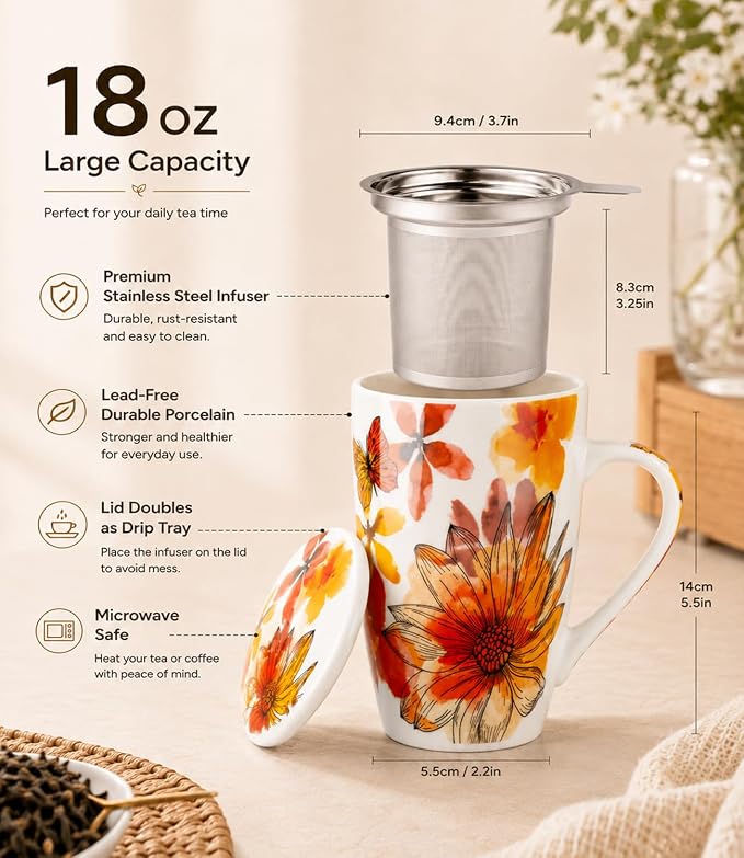 GBhome Tea Mug with Infuser and Lid,18 Ounce Ceramic Loose Leaf Cup Steeper | Lead-Free Glaze For Tea Lovers,Microwave & Dishwasher Safe with Tea Strainer