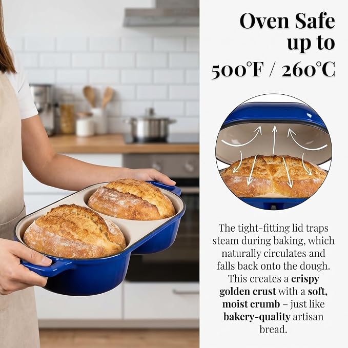 Mini Enameled Cast Iron Bread Loaf Pot with Lid, 6-Inch Double Dutch Oven | For Sourdough Baking, Dual Round Loaf Cavities for Homemade Bread, Cake or Meatloaf, Non Stick, 500°F Oven Safe Blue