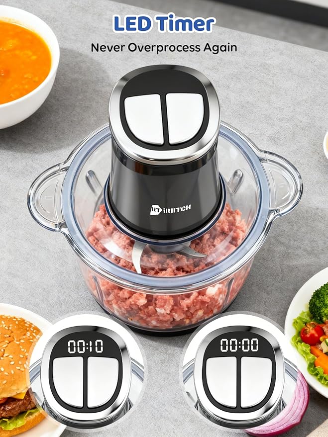 IRIITCH Food Processor with LED Timer, 800W Electric Chopper | 2 Bowls (12-cups Glass Bowl+12 cups Stainless Steel Bowl), 2 Set 6 Bi-Level S-Blades