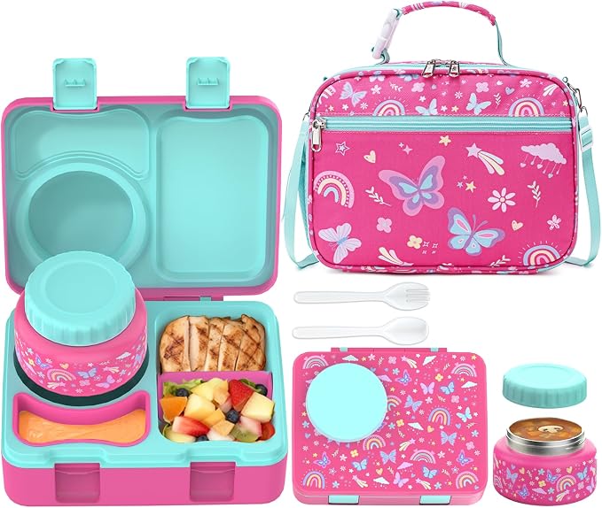 Bento Box for Kids, Leakproof Kids Lunch Box with 8.5OZ Thermo Food Jar & Lunch Bag, 3-4 Compartments Toddler Insulated Lunch Box for Girls, BPA Free Lunch Containers for School Daycare