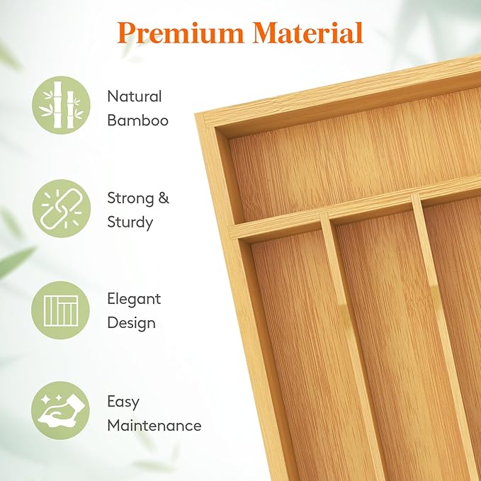 Lifewit Bamboo Silverware Tray for Drawer, 8.6 x 12.5 | Utensil Organizer for Kitchen, Flatware and Cutlery Holder, Storage for Spoons Forks Knives, Natural
