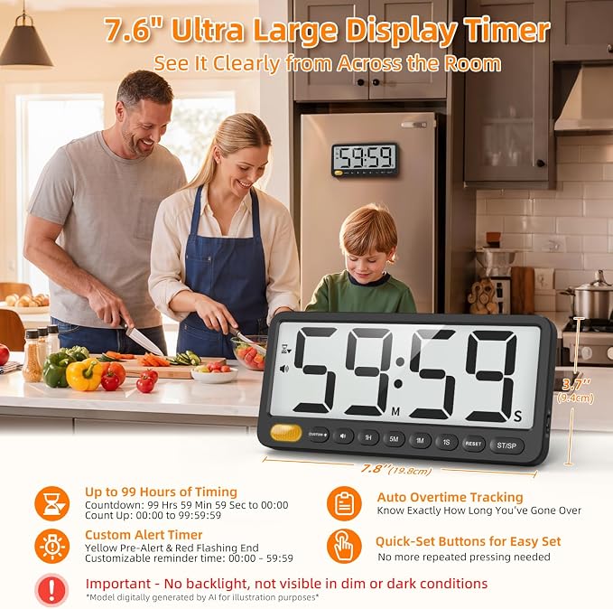 7.6'' Large Digital Kitchen Timer - 99H Countdown and Visual Light Alert | Big LCD Magnetic Timer, 4 Volume, Overtime Tracking, Battery Operated Count-Up Stopwatch for Cooking Gym Classroom