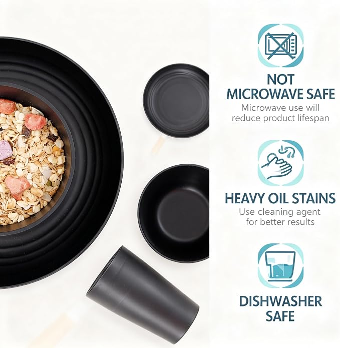 32-Piece Black Wheat Straw Dinnerware Sets, Unbreakable Dish Sets | Durable plastic dishes and reusable plates set for kitchen, ideal for camping, parties, RVs, and everyday family dinners.