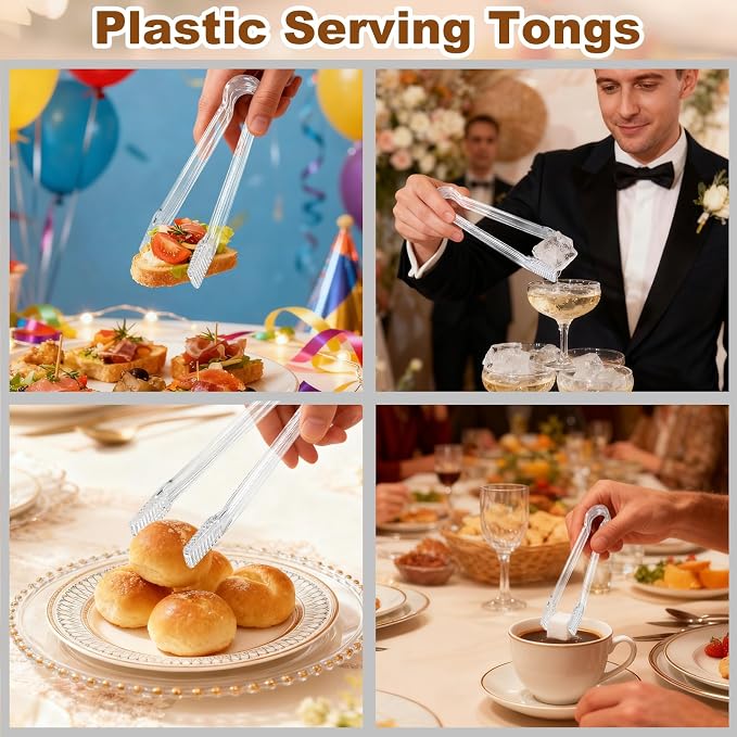 10Pcs Clear Plastic Serving Tongs, 6.3 Inches Small Disposable | Mini Plastic Tongs for Food, Party, Buffet, Salad, Appetizer, Ice, Candy, Catering, Fruit, Easy to Hold and Clean