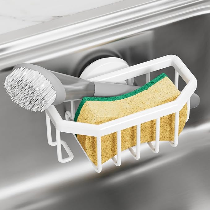 TAILI Sponge Holder for Kitchen Sink with Suction Cup-White, Aluminum | Rustproof Aluminum Sink Caddy for Sponges,Brushes,Stoppers & Scrapers,Removable Ventilated Quick-dry Design, holds Up 11lbs