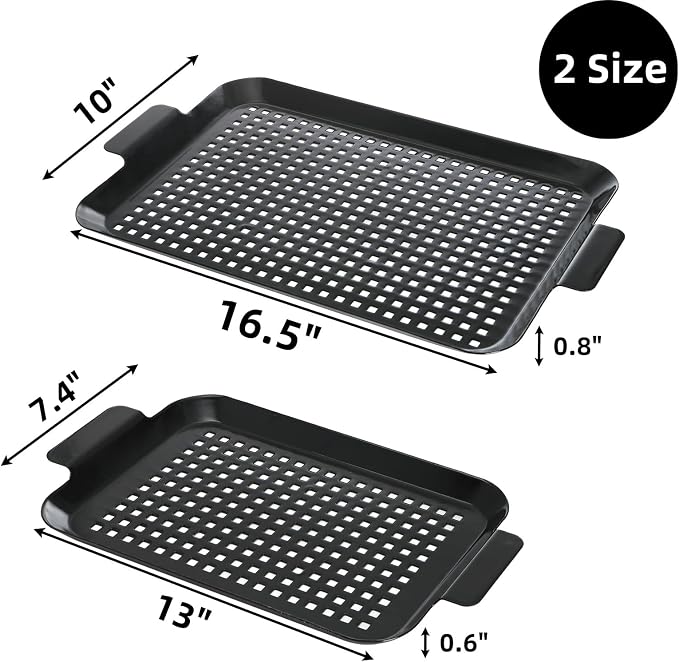 Covzoe 2 Pack Grill Pans, Nonstick Grill Topper for Outdoor Grill, BBQ Grilling Baskets with Perforated Bottom, Heavy Duty Carbon Steel Grill Grid for Cooking Camping, 16.5" x 10" and 13" x 7.4"