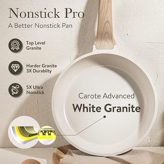 CAROTE 12 Inch Non Stick Frying Pan, Cream White Granite Skillet | Healthy Non Toxic Granite Kitchen Cookware, All Stovetops Compatible Skillet with Heat-Resistant Handle, Easy to Clean
