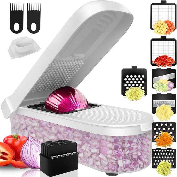 Vegetable Chopper with Container, 10 in 1 Manual Food Chopper Cutter, White | Multifunctional Sharp Blades Dice, Slice, Shred & Grate for Onions, Salads, Fruit at Home Kitchen for Various Use