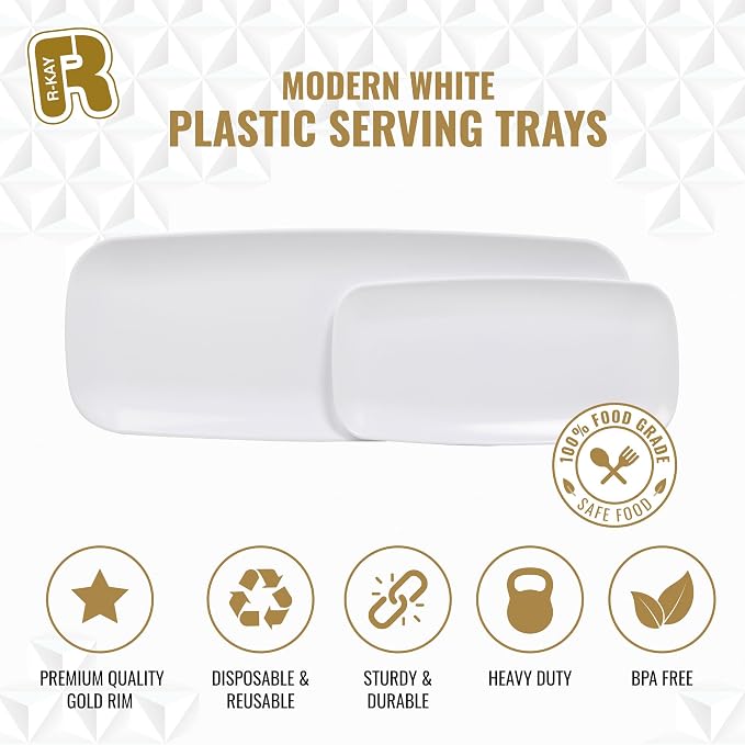 R-kay 4 Pack Plastic Serving Trays for Party - White Serving Tray 10 by 5.5 in - Heavy Duty Dessert Trays for Food - Rectangular Party Serving Trays - Premium Party Trays - White Platters