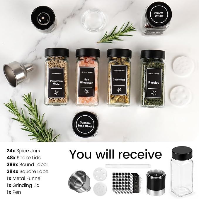 Glass Spice Jars with Grinder Lid 24 Pack 4 oz Black Stainless | 780 Labels (Round+Square), Shaker Inserts, Funnel, Airtight Seal, Bonus Grinder Lid for Fresh Grinding