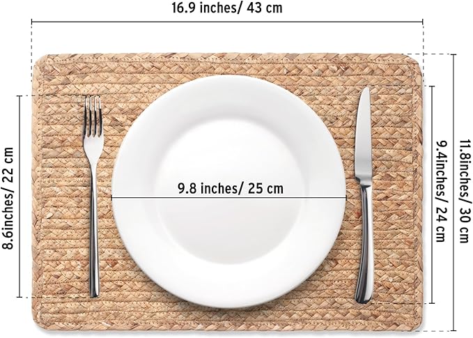 Woven Placemats Set of 6, 17" x 12" Rattan Table Mats, Natural Water Hyacinth Chargers for Dinner Plates, Wicker Placemats for Dining Table, Home, Wedding
