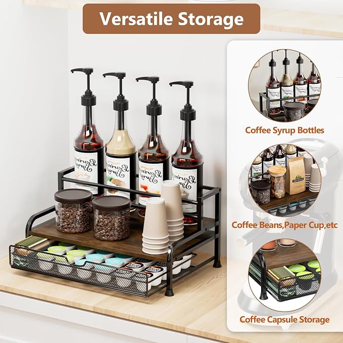 Coffee Syrup Rack Organizer, 3-Tier with 35 K-Cup Pod Holder Drawer | Black Metal Rack for 8 Syrup Bottles,Countertop Bottle Holder Stand for Wine,Space-Saving Design for Kitchen Cafe Station