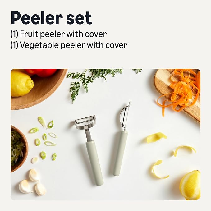 Amazon Basics Vegetable Peelers with Ultra-Sharp Stainless Steel Swivel Blades, Non-Slip Soft-Touch Handle, Protective Covers, 2-Piece Set, Dishwasher-Safe, Linen Gray