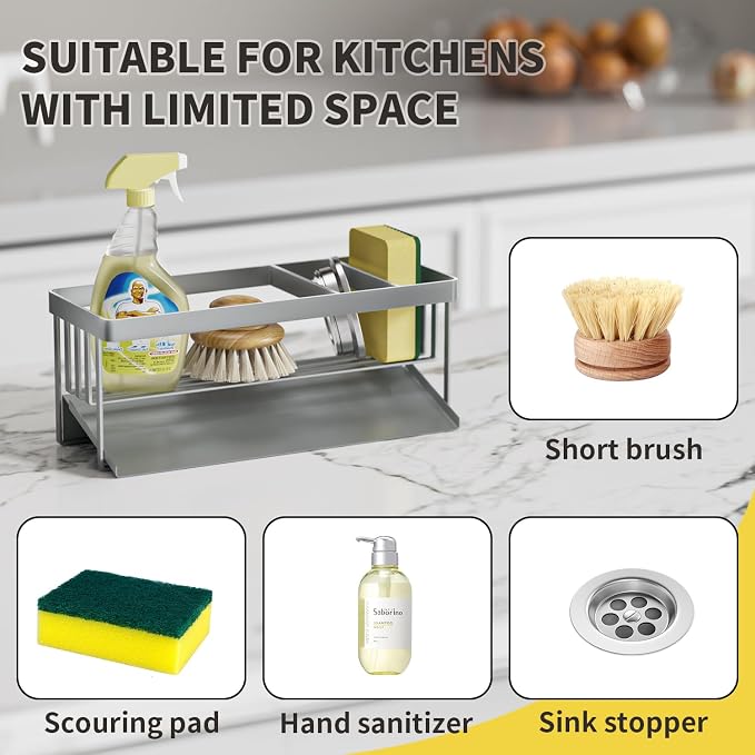 Kitchen Sink Caddy Organizer for Kitchen Countertop Organizers Silver | 304 Stainless Steel, Removable Drip Tray, Home Decor Accessories
