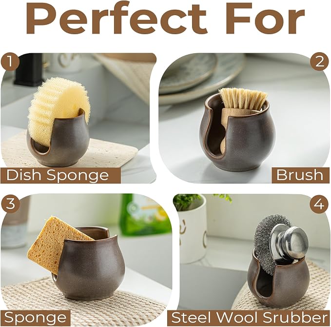 Zoeeker Sponge Holder for Kitchen Sink, Ceramic Dish Sponge Drying Rack Scrubby Holder Kitchen Organizer Cute Sink Caddy, Farmhouse Decor, Dark Agate Red