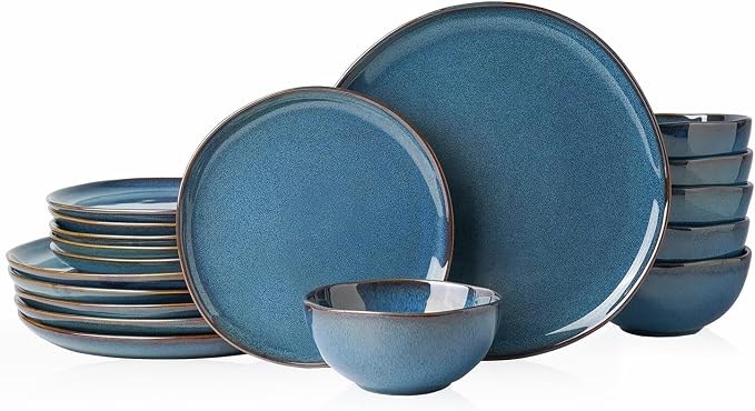 Stoneware Dinnerware Sets for 6, Reactive Glaze Plates and Bowls, Blue | 18-Piece Handcrafted Rustic Porcelain Dishes Set, Highly Scratch Resistant, Dishwasher & Microwave Safe