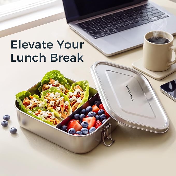 G.a HOMEFAVOR Stainless Steel Bento Lunch Box, 2-Compartment, 1400 ml/47 oz | Leak-Proof, Dishwasher Safe, BPA-Free, with Lock Clips & Removable Divider, Meal Prep, Large Food Container, for Adults