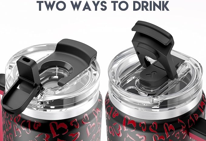 Meoky 40 oz Tumbler with Handle and Straw, Insulated Tumbler with Lid and Straw, Stainless Steel Travel Mug, Keeps Cold for 34 Hours, 100% Leak Proof, Fits in Car Cup Holder (Heart)
